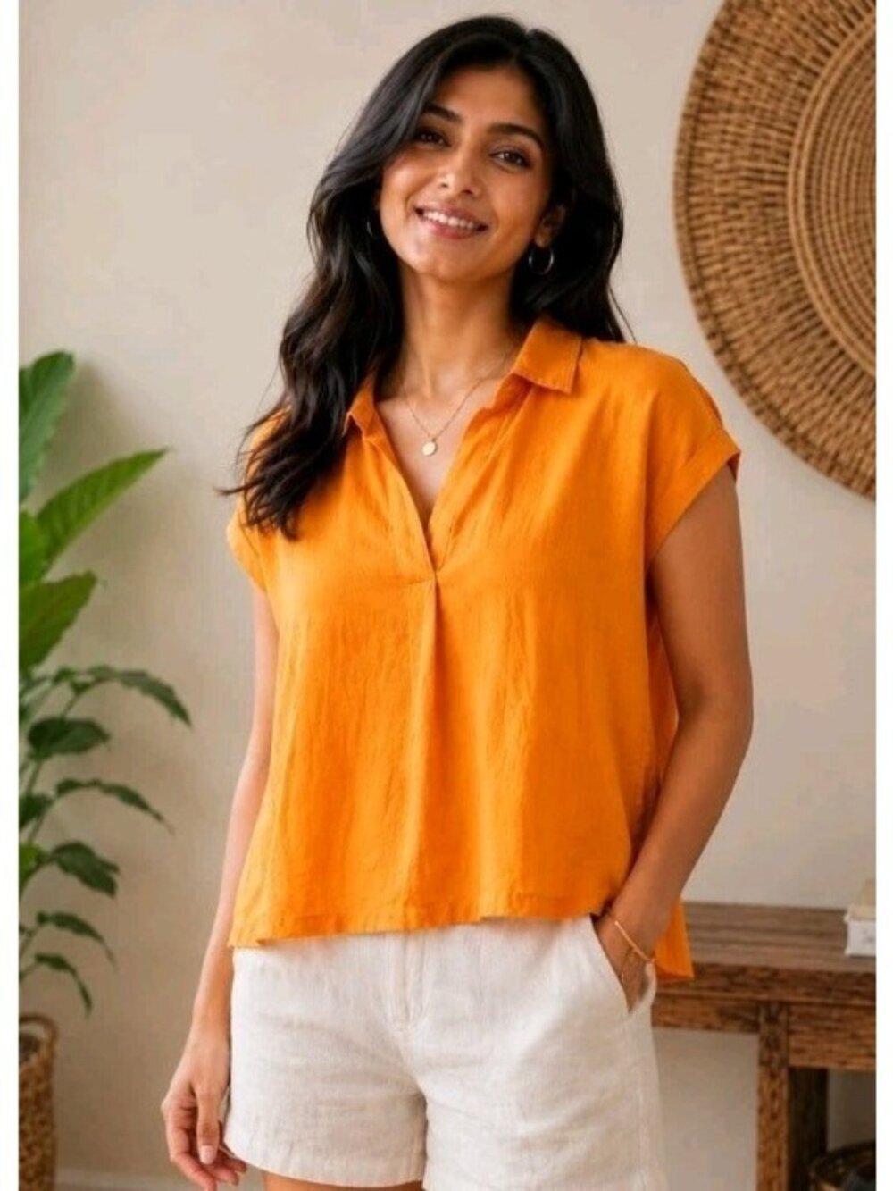 Chicos 100% Linen Top Pullover V-Neck Casual Beachy Vacation Size 8 Orange